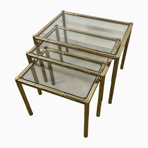 Triptychon Couchtische aus Messing & Glas im Bambus Stil, 1975, 3 . Set