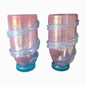 Large Pink and Iridescent Turquoise Murano Glass Vases by Gino Cenedese, 1980s, Set of 2