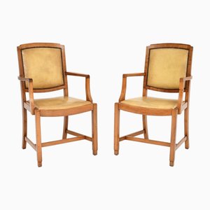 Art Deco Carver Armchairs in Walnut and Leather, 1930s, Set of 2