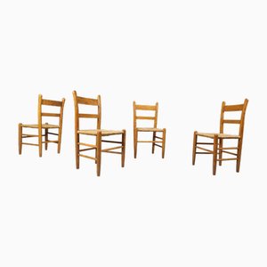 Mid-Century Oak and Wicker Dining Chairs, 1970s, Set of 4