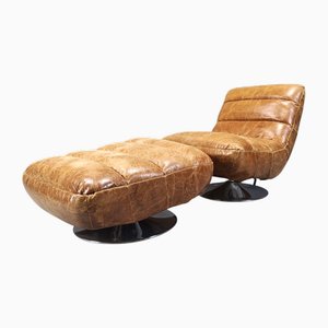 Vintage Leder Drehsessel & Fußhocker, 1970er