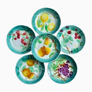 French Badonviller Plate in Barbotine with Fruit Motifs from KG Lunéville, 1922, Set of 6