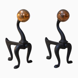Andirons Firedog Arts & Crafts in ottone, rame e ghisa, anni '20, set di 2