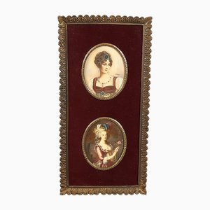 Retouched Miniature Picture of 18th Century French Ladies in Brass and Velvet, 1940s