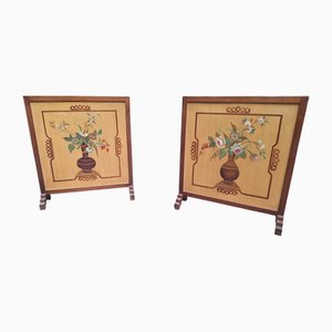 Alari da camino Art Déco con dipinti floreali in legno squadrato, anni '40, set di 2
