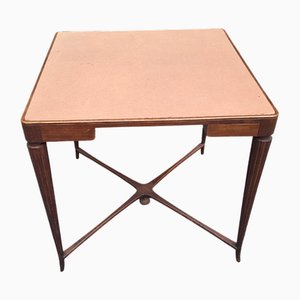 Art Deco Game Table with Worked Wood and Brown Cloth Top, 1940s