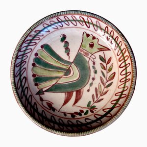 Signierter Studio Keramik Teller oder Schale mit Pfau Motiv im ländlichen Huzulischen Stil, Rumänien/Ukraine, 1960