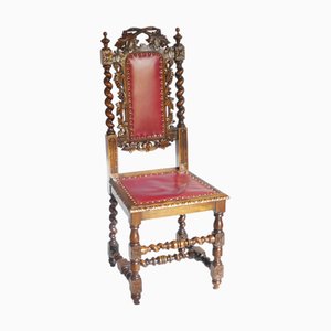 Antique Baroque Wooden Chair with Red Leather Seat, 1890s