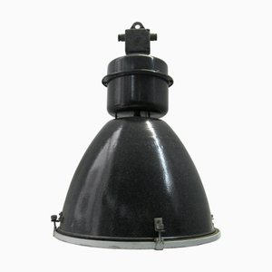 Large Mid-Century Industrial Black Enamel and Clear Glass Pendant Lamp