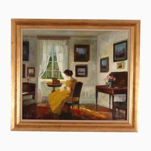 Edith Gert, Interno con donna, anni '60, Olio su tela, con cornice