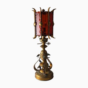 Large Longobard Table Lamp in Gold Metal and Red Glass, 1970s