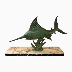 Bronze Schwertfischstatue auf Marmorsockel, 1920er-1940er