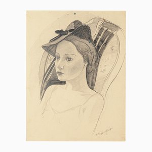 Cesare Breveglieri, Donna con cappello, Disegno a matita, anni '30