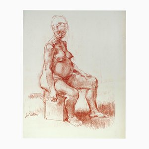 Jean Carton, Pregnant Nude, Sanguine Drawing, Mid 20th Century