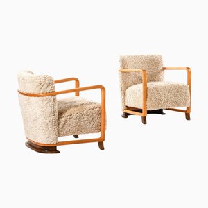 Art Deco Scandinavian Easy Chairs in Birch and Sheepskin, 1930s, Set of 2