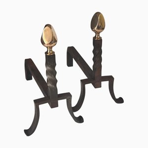 Alari in ghisa nera con terminali in ottone, Francia, set di 2