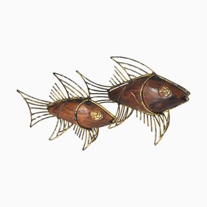 Mid-Century French Fish Sculptures in Wood and Gilded Metal, 1970s, Set of 2