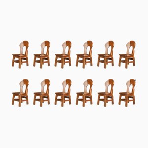 Brutalist Oak Dining Chairs, Belgium, 1970s, Set of 12