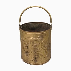 Arts and Crafts Brass Coal Bucket with Tavern Scenes, 1930s
