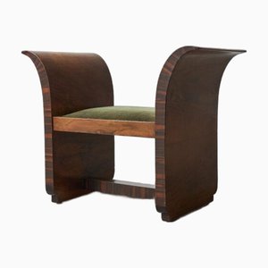 Italian Art Deco Stool in Walnut and Velvet, 1920s