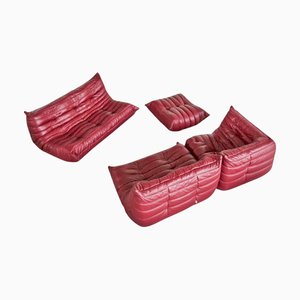 Togo Modular Sofa in Oxblood Red Leather attributed to Michel Ducaroy for Ligne Roset, 2000s, Set of 4