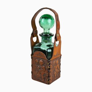 Mid-Century Green Glass Decanter with Embossed Leather Case, 1960s