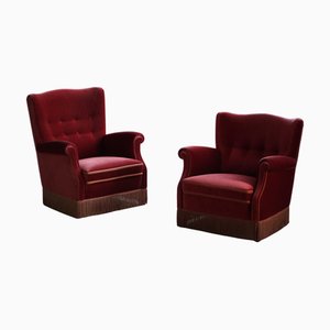 Danish Modern Lounge Chairs in Cherry Red Velvet, 1950s, Set of 2
