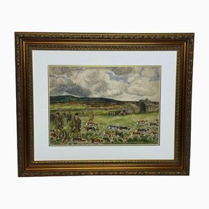 George Anderson Short, The Badsworth Hunt on Foot, Easingwold: A Warttime Yorkshire Sporting Scene, 1943, acuarela, enmarcado
