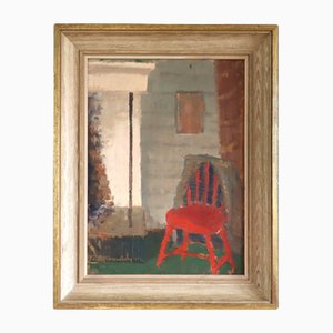 Red Chair by the Fireplace, Oil Painting, Framed