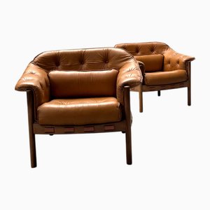 Butacas de cuero y madera de Sven Ellekaer para Coja, Países Bajos, años 60. Juego de 2