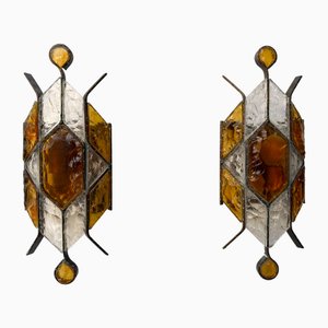 Italian Hammered Glass and Wrought Iron Sconce from Longobard, 1970s