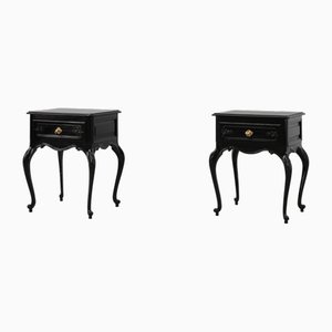 Mesitas de noche estilo Louis Xv de roble lacado en negro, Francia, años 50. Juego de 2