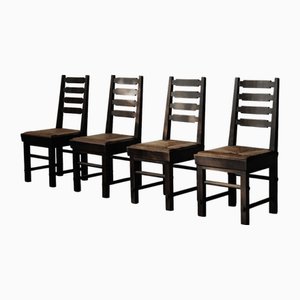 Vintage French Oak and Straw Chairs, 1940s, Set of 4