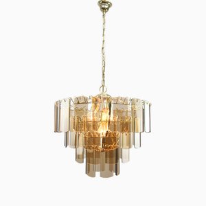 Vintage Italian Veca Chandelier in Smoked Glass and Brass, 1970s