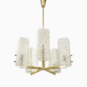 Lampadario vintage in vetro satinato e ottone di JT Kalmar, anni '70