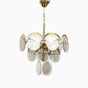 Vintage Chandelier in Smoked Glass Discs and Gold Metal by Vistosi, 1970s