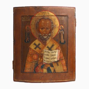Icona religiosa di San Nicola Taumaturgo, XIX secolo, dipinta e dorata su legno