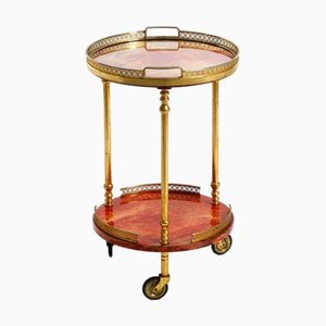 Small Round Serving Trolley in Red Goatskin Leather by Aldo Tura, Italy, 1960s