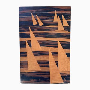 Vintage Holztafel mit Intarsien und Segelbooten, 1970er