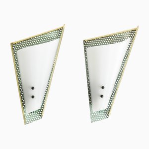 Mid-Century Modern Mint Green Perforated Sheet Metal Wall Lamps with Acrylic Glass Shades, 1950s, Set of 2