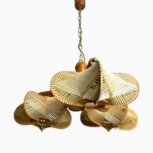 Rustic Chandelier with 3 Lights in Wood and Straw, 1960s