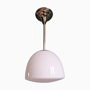 Art Deco White Opaline Glass Pendant Light with Chrome Frame, 1930s