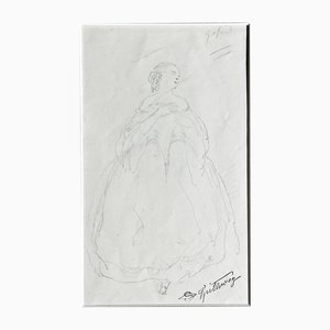 Carl Spitzweg, Bidermeierdame, Originalzeichnung, Signaturstempel