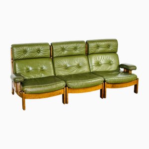 Sofá modular escandinavo vintage de cuero verde y roble, años 60. Juego de 3