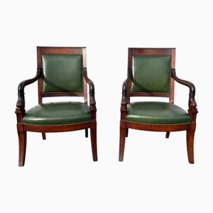 Fauteuils Style Empire en Acajou et Cuir Vert, 1800s, Set de 2
