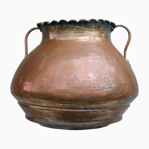 Large Hand-Hammered Copper Vase with Scalloped Rim, 1890s