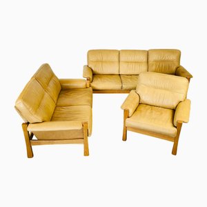 Mobilier de Salon Complet en Cuir Naturel et Chêne par Pierre Chapo pour FDB, 1960s, Set de 3