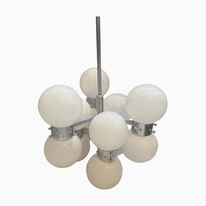 Lampada a sospensione Space Age vintage in acciaio e vetro opalino di Reggiani, Italia, anni '60