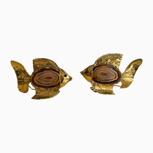 Französische Fisch Lampen aus Messing & Achat von Henri Fernandez für Maison Honoré, 1980er, 2er Set