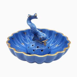 Art Deco Sapphire Glazed Flower Bowl with Fish by Arthur Percy for Upsala Ekeby Gefle, 1930s, Set of 2